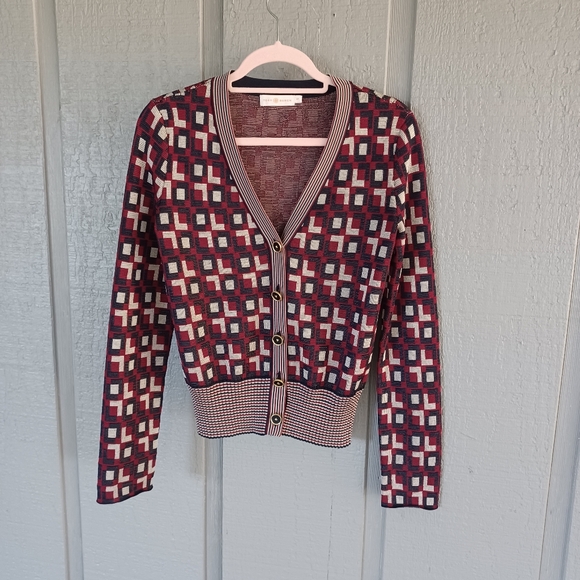 Tory Burch Sweaters - Tory Burch Logo Jacquard Cardigan Size S Women Preppy In Light Royal Burgandy